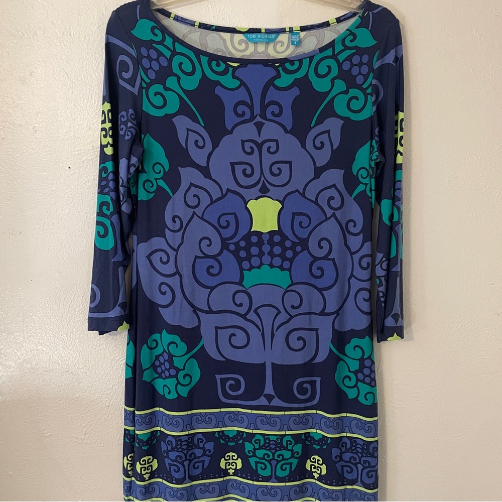 Tori Richard Blue Green Geometric Modal Shift Dress 3/4 Sleeve S